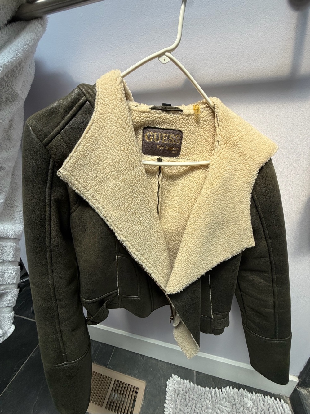 GUESS Olive Green Suede-Look Sherpa Moto Jacket with Cream Lining